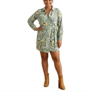 NWT INTEMPO Plus Size 3X Faux-Wrap Shirt Dress Blue Green Paisley Print Boho